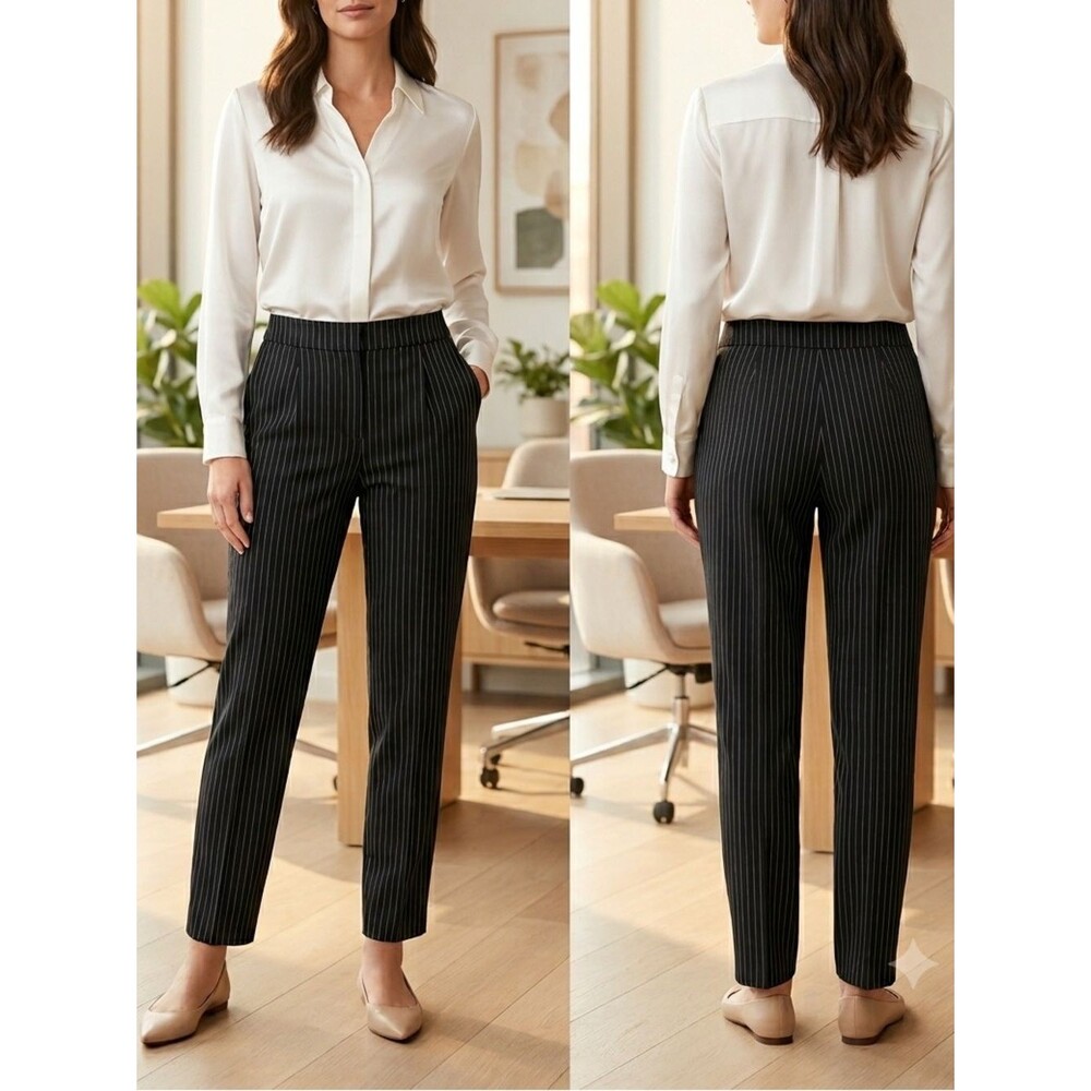 CHICO'S Women’s Classic Black: Striped Slim Straight Leg Stretch Pants Sz 10